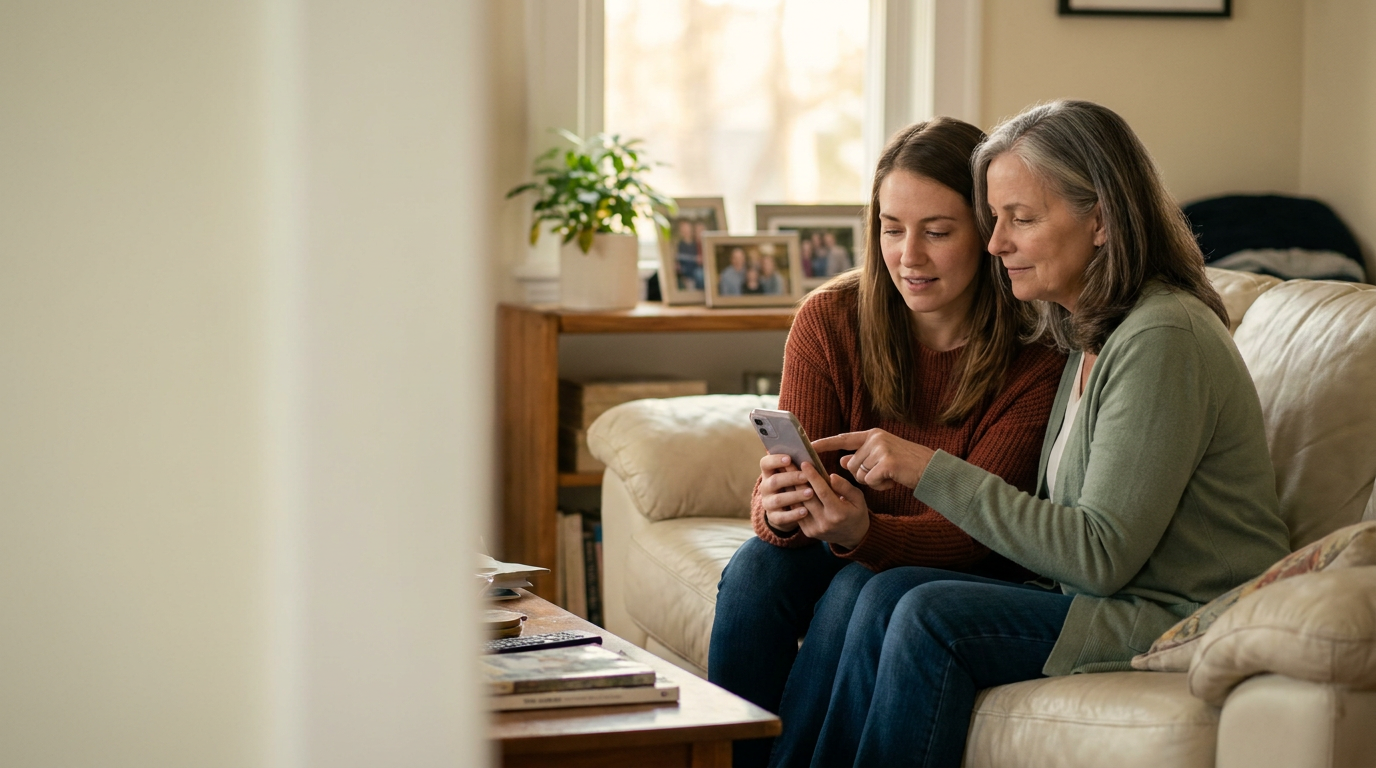 A woman helping her mother look up information on a phone at home